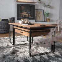 Flash Furniture 2 Piece Modern Nesting Coffee Table Set With Storage Drawer In Walnut Finish With Black Sled Base Metal