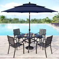 Lark Manor 5-piece Steel Patio Outdoor Dining Set With Umbrella,metal Stackable Chairs, Square Table
