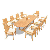 Teak Smith Grade-A Teak Dining Set: 118" Double Extension Mas Oval Leg Table And 10 Algrave Stacking Arm Chairs