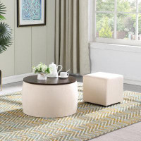 Mercer41 [Video] Round Ottoman Set With Storage, 2 In 1 Combination, Round Coffee Table, Square Foot Rest Footstool For