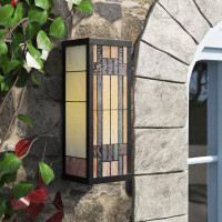 The Twillery Co. Easthampton Satin Black 16.25" H Stained Glass Outdoor Flush Mount