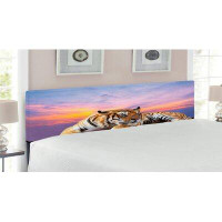 East Urban Home Ambesonne Safari Headboard for King Size Bed, Tiger Lying on Wood Blue Sky Colourful Sunset Pose Strpies