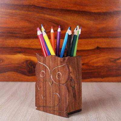 Millwood Pines Wooden Decorative Owl Design Wooden Pen Pencil Holder-Handmade Traditional Storage Desk Organizer School  in Desks