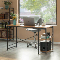 Inbox Zero Industrial Rectangular Wood And Metal Home Office Computer Desk With 2 Side Shelves, Cherry