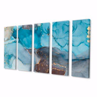 Design Art Blue And Grey Luxury Abstract Fluid Art IV - Modern Canvas Wall Art Print - 60X28 - 5 Panels