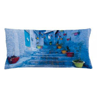 East Urban Home Ambesonne Blue Throw Pillow Cushion Cover, Street With Colourful Flower Pots In City Of Chefchaouen In M