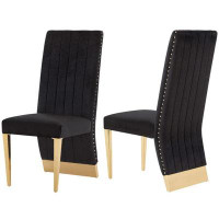 Everly Quinn Black Velvet Upholstered Dining Room Chair With Gold Nailhead Trim And Gold Stainless Steel Legs, Set Of 2