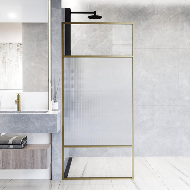Essex 34 x 74 in (H) 10mm Fixed Framed Shower Door in Matte Brushed Gold or Matte Black with Reeded Glass VGI in Plumbing, Sinks, Toilets & Showers - Image 2