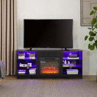 Ivy Bronx TV Stand Electric Fireplace TV Stand With Glass Shelves, 3D Fireplace TV Stand With LED Lights Wood With USB C