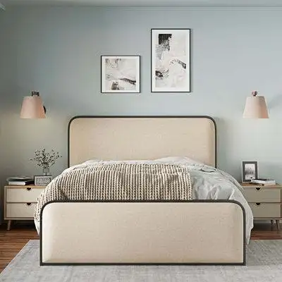 Latitude Run® Modern Metal Bed Frame With Curved Upholstered Headboard And Footboard Bed With Under Bed Storage