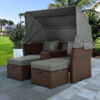 Latitude Run® Multifunctional Outdoor courtyard set with Retractable Sunshade Canopy and Convenient Cup Holders
