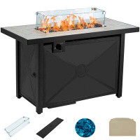 Red Barrel Studio Propane Fire Pit Table, 42 Inch 60,000 BTU Square Gas Fire Pits with Glass Wind Guard W/Ceramic Tablet
