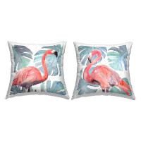 East Urban Home Tropical Pink Flamingo Green Monstera Leaves Printed Throw Pillow Design By Annie Warren (Set Of 2)