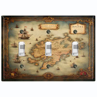 WorldAcc Metal Light Switch Plate Outlet Cover (Ship Travel World Map Biege - Triple Toggle)