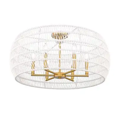 Everly Quinn Babie 4-Light Semi-Flush In Modern Brushed Gold With Bleached White Raphia Rope