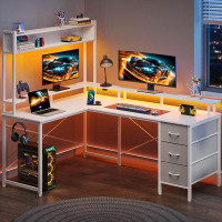 Ebern Designs Milya L Shaped Gaming Desk with Drawers, Reversible Office Desk with Hutch and Monitor Shelf