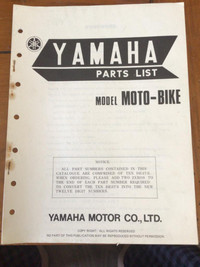Original 1975 Yamaha Moto-Bike Parts List