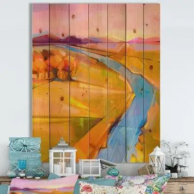 East Urban Home Impressionist Mountainscape With River III - Farmhouse Print On Natural Pine Wood