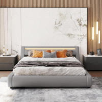 Orren Ellis Bed Frame Faux Leather Gas Lift Storage Bed With LED Light Headboard Platform Bed Frame With Slatted Queen