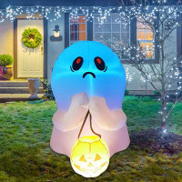 The Holiday Aisle® Halloween Inflatable 4 Ft Colorful Dimming Ghost Holding Pumpkin Cute Ghost Inflatables Outdoor Decor