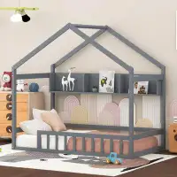 Harper Orchard Tashina Wooden House Bed with Storage Shelf, Kids Bed with Fence and Roof