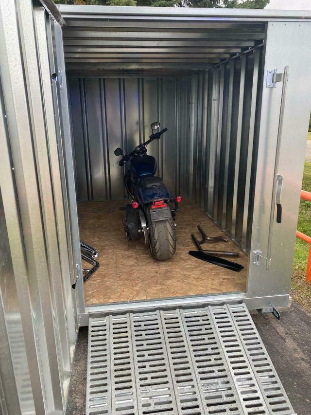 BIKER BRO - Motorcycle and Tool Steel Container – 7’ X 11' foot steel shed, deluxe bike ramp and disc lock. in ATV Parts, Trailers & Accessories in Prince Albert - Image 2