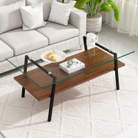 17 Stories Abdul-Rehman Modern Rectangle Coffee Tea Table, Tempered Glass Tabletop with Black Metal Legs