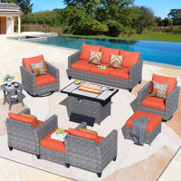 Red Barrel Studio Wicker/rattan 7-person Outdoor Seating Set With Fire Pit And Cushions