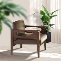 Ebern Designs Mid-Century Modern PU Leather Aceent Chair, Solid Wood Upholstered Armchair For Living Room, Bedroom, Loun