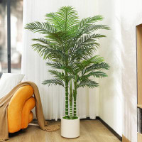 Primrue Adcock Faux Palm Tree in White Planter, Faux Green Palm Plant, Fake Tree for Home Decor