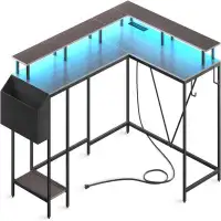 17 Stories L Shaped Gaming Desk with Power Outlets & LED Lights, Computer Desk with Monitor Stand