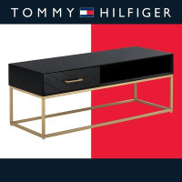 Tommy Hilfiger Tommy Hilfiger Ellias Modern TV Console Stand with 1 Drawer, Glossy Black Top, Golden Metal Frame