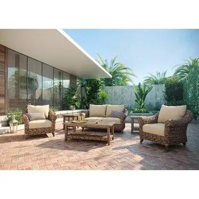 Winston Cayman Loveseat, Stationary Lounge Chair, Coffee Table and Side Table 6 Piece Rattan Seating Group with Sunbrell