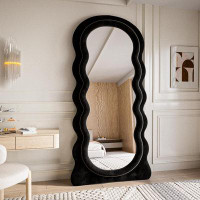 Winston Porter Wavy-a Mirror Full Length, Oversized Flannel Irregular Floor Mirror With Stand,black