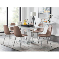 East Urban Home Scottsmoor Modern High Gloss Halo 6 Seater Dining Table Set with Luxury Faux Leather Dining Chairs