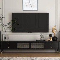 Everly Quinn French retro solid wood long rainbow glass TV cabinet Light luxury large black TV cabinet