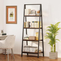 17 Stories Ladder Shelf, 4-Tier Leaning Ladder Bookshelf, Rustic And Wood Ladder Shelf Bookcase, Industrial Ladder Shelf