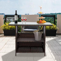 Latitude Run® Outdoor Patio Bar Table, PE Wicker Bar Counter Table With 3 Set Of Rails, Tempered Glass Desktop, Waterpro