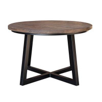 17 Stories Nagihan 30 Inch Cocktail Coffee Table, Round, Black Iron Base, Brown Pine Wood