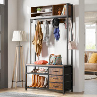 17 Stories Stephaie 31.5" Wide Coat Rack, 3-in-1 Hall Tree with Bench and Shoe Storage for Entryway with Hooks