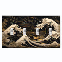 WorldAcc Metal Light Switch Plate Outlet Cover (Black Sea Waves - Quadruple Toggle)