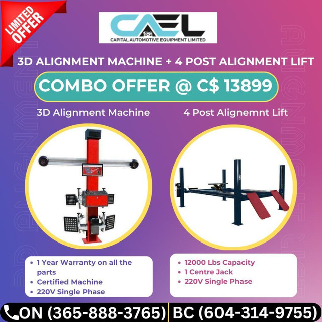 Brand New 3D alignment machine + 4 Post alignment car lift car hoist  12000 LBs + one Centre jack 3 pieces promo in Heavy Equipment Parts & Accessories