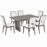 Gracie Oaks Wood Dining Table Set For 6, Farmhouse Rectangular Dining Table And 6 Upholstered Chairs Ideal For Dining Ro