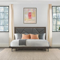 17 Stories Marquis Platform Bed Frame In Oak Wood With Faux Leather Headboard And Black Metal Legs