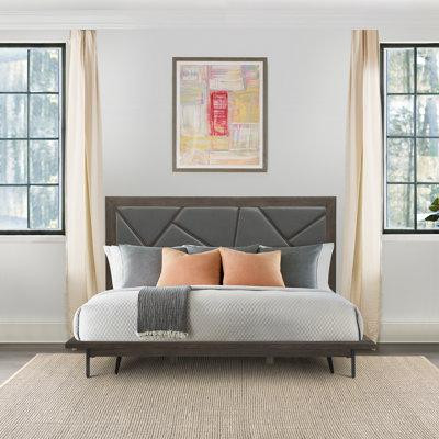 17 Stories Marquis Platform Bed Frame In Oak Wood With Faux Leather Headboard And Black Metal Legs in Beds & Mattresses in Québec