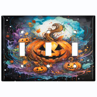 WorldAcc Metal Light Switch Plate Outlet Cover (Halloween Spooky Pumpkin Patch - Triple Toggle)