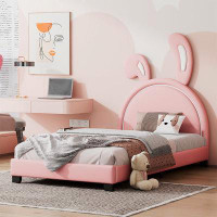 Zoomie Kids Twin Size Upholstered Leather Platform Bed with Rabbit Ornament