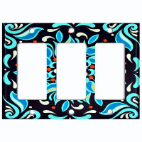 WorldAcc Metal Light Switch Plate Outlet Cover (Colourful Teal Tile Black  - Triple Rocker)