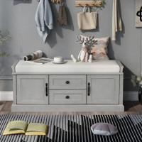 Orren Ellis Storage Bench with 2 Drawers and 2 Cabinets, Shoe Bench with Removable Cushion, Grey Wash