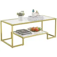 Mercer41 Rectangular Tempered Glass Coffee Table With 2 Tier Open Storage Shelf And Metal Frame Modern Centre Table